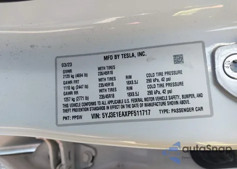 2023 Tesla Model 3 Rear-Wheel Drive z USA, uszkodzony, nr VIN 5YJ3E1EAXPF511717